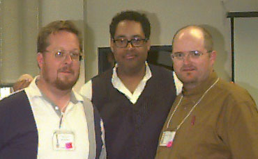 Hosaphone(tm) Headquarters' Inventor/Mentor at the ITG (International Trumpet Guild)1999 Conference, Richmond, VA, USA, (left to right) Ellis Workman (Hosaphone(tm) Headquarters), Jon Faddis (Jazz Performing Artist), Michael Anderson (TPIN founder)